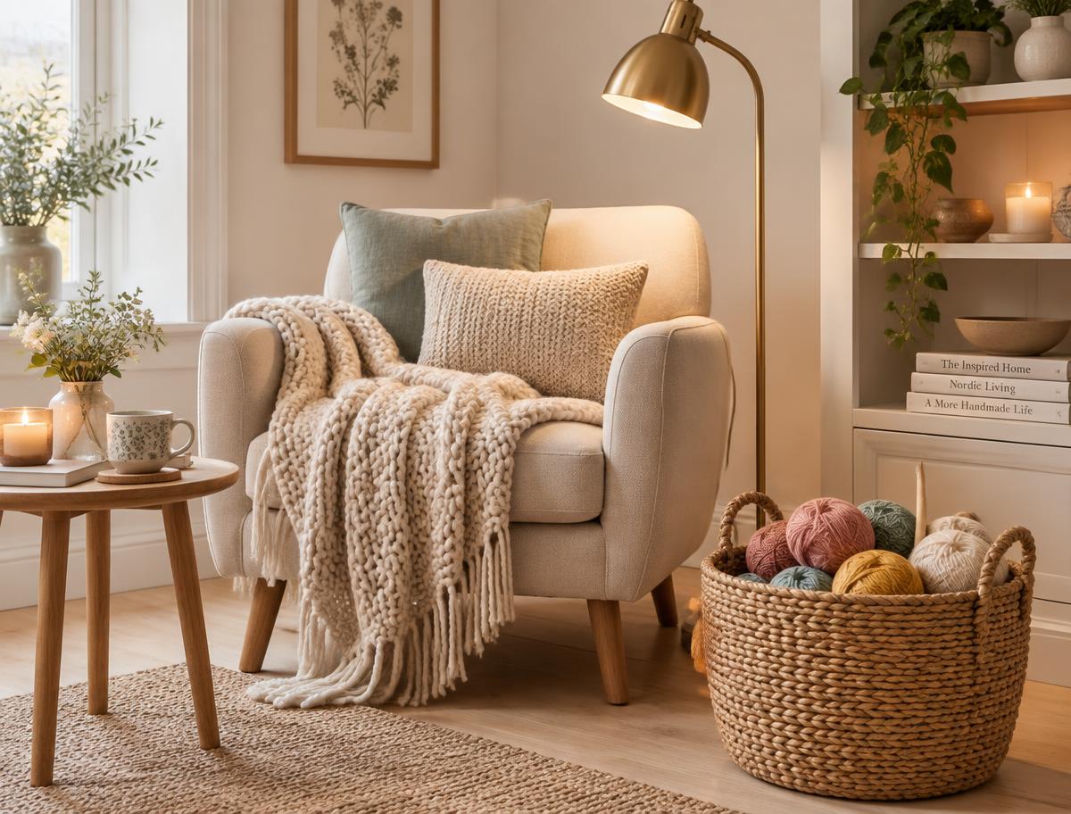 Koselig stue med lenestol, lampe og kurv med hekle garner
